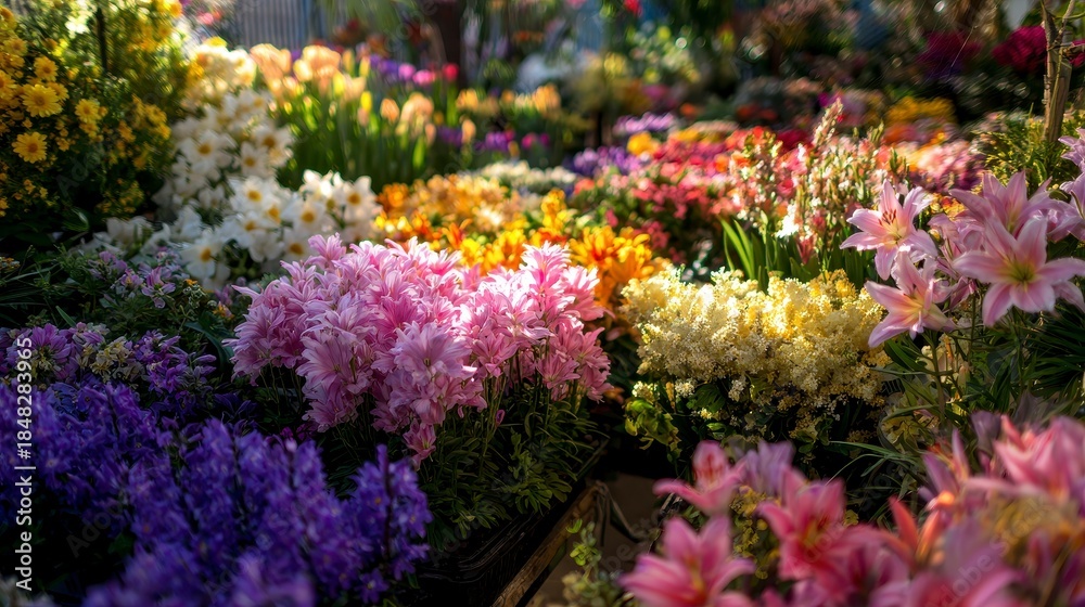 Obraz premium Close-up vibrant floral display bursting with color. Abundance of blooms, petals & textures create a captivating visual feast, showcasing beauty & fresh essence