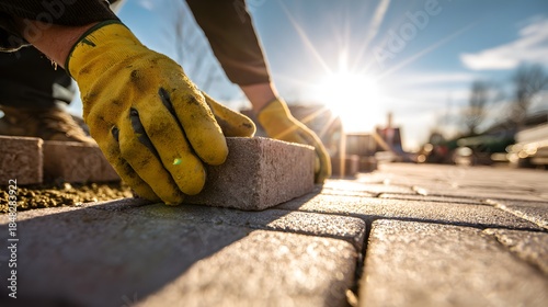 Construction worker laying paving stones with yellow gloves and sun flare.