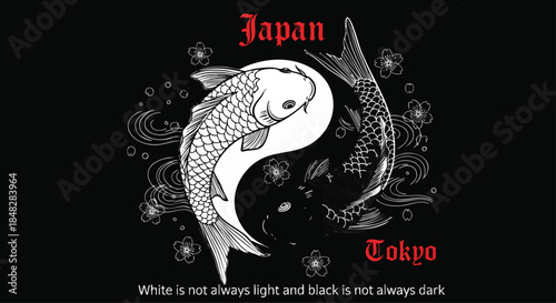 Japanese Koi Fish Yin Yang Symbol with Cherry Blossoms and Tokyo Text.