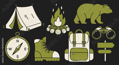 Outdoor Adventure and Camping Gear Collection: Tent, Compass, Backpack, Hiking Boot, Fire, Bear Illustration.