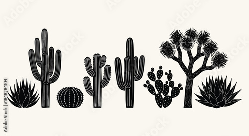 Monochromatic Desert Plant Silhouette Collection with Cactus and Joshua Tree.