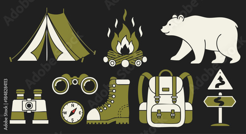 Outdoor Adventure Icons Set: Camping, Hiking, and Wildlife Exploration Flat Design.
