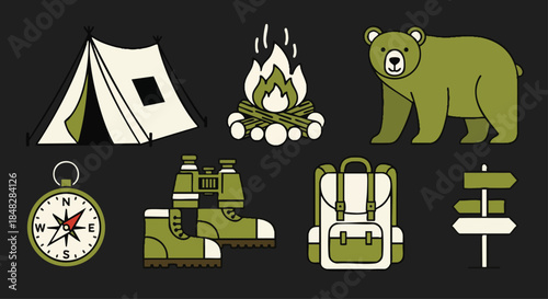 Outdoor Adventure Icons Set: Camping, Hiking, Wildlife, and Navigation Essentials.