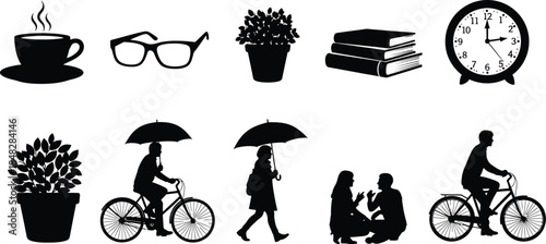 A collection of black silhouette icons depicting leisurely lifestyle elements