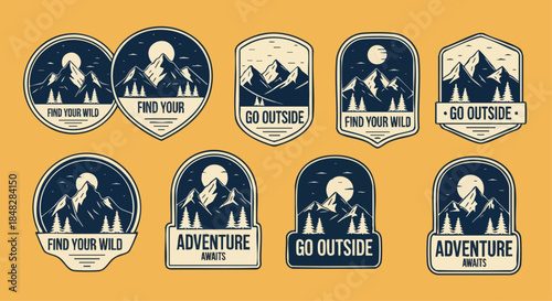 Outdoor Adventure Badges and Patches Vector Graphics with Mountains and Forest Scenes.