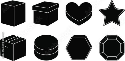 Collection of black geometric shapes cubes boxes hearts stars and hexagons