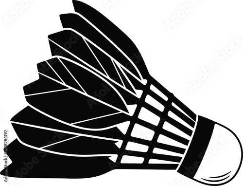 A black and white illustration of a badminton shuttlecock viewed from the side