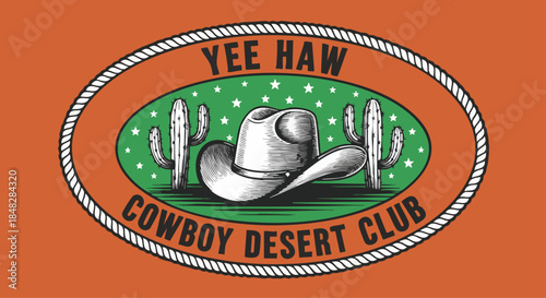 Retro Cowboy Desert Club Emblem with Hat and Cacti.