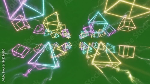 Neon Grid Interplay with geometric neon grid forming and effect ad_ready green screen glowing neon trails style featuring neon, grid,