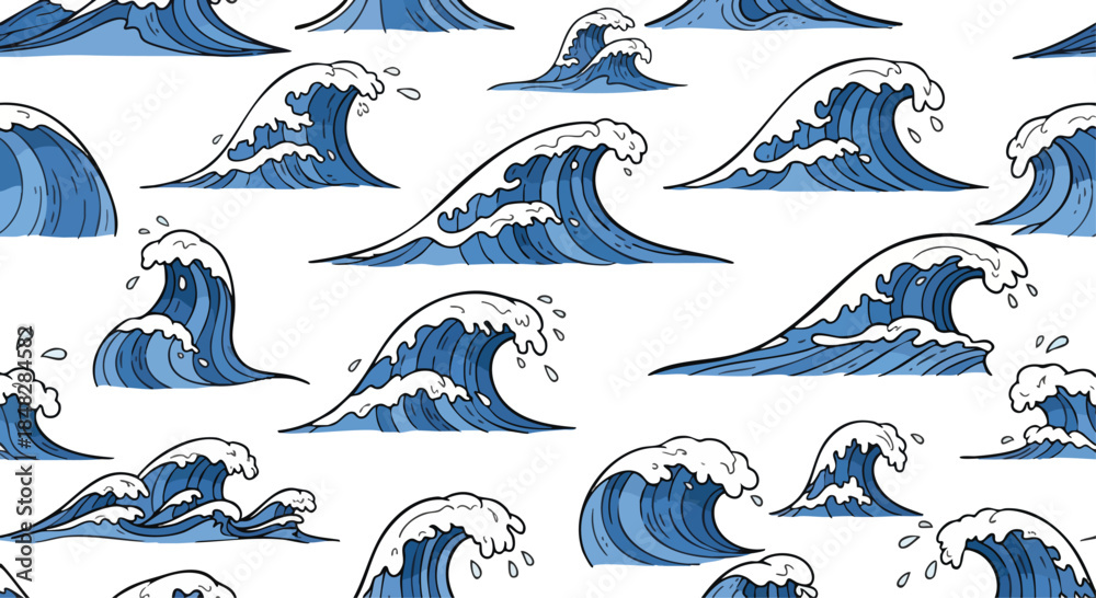 Fototapeta premium Seamless Pattern of Blue Hand-Drawn Ocean Waves - Perfect for Aquatic Themes and Summer Designs.
