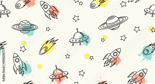 Seamless Space Pattern: Rocket Ships, UFOs, Planets, and Stars with Watercolor Splatters.