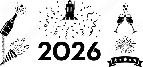 Black and white stage light celebration vector icon set and New Year 2026 holiday concept set
