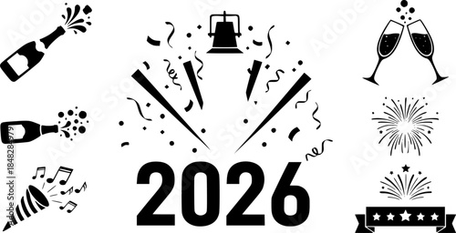 Black and white stage light celebration vector icon set and New Year 2026 holiday concept set
