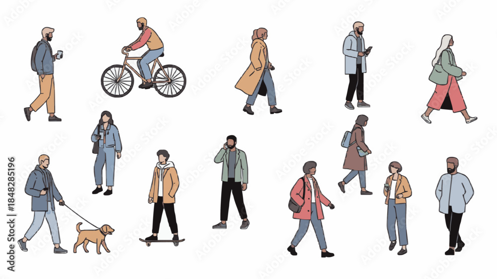 Naklejka premium Flat Urban Lifestyle Illustration Featuring Diverse Men and Women Walking Dogs Cycling and Socializing in Modern Style