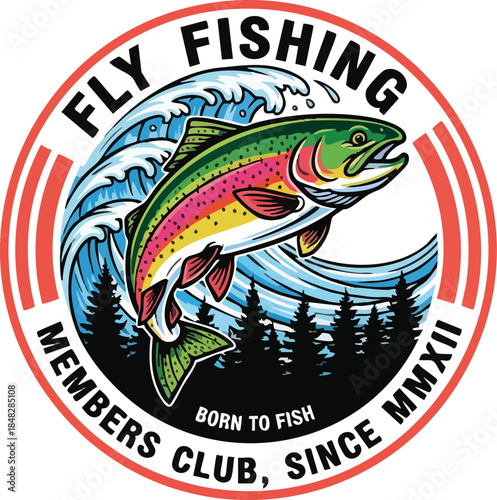 Vibrant Fly Fishing Emblem with Leaping Trout and Coastal Scenery for Outdoor Enthusiasts.