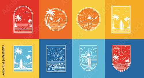 Vibrant Tropical Beach and Surf Line Art Illustrations on Bold Color Backgrounds.