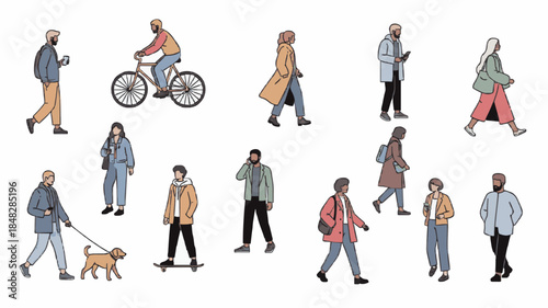 Flat Urban Lifestyle Illustration Featuring Diverse Men and Women Walking Dogs Cycling and Socializing in Modern Style