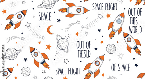 Whimsical Space Adventure Seamless Pattern with Rockets, Planets, and Stars.