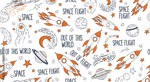 Whimsical Space Exploration Seamless Pattern with Rockets, Planets, and Stars.