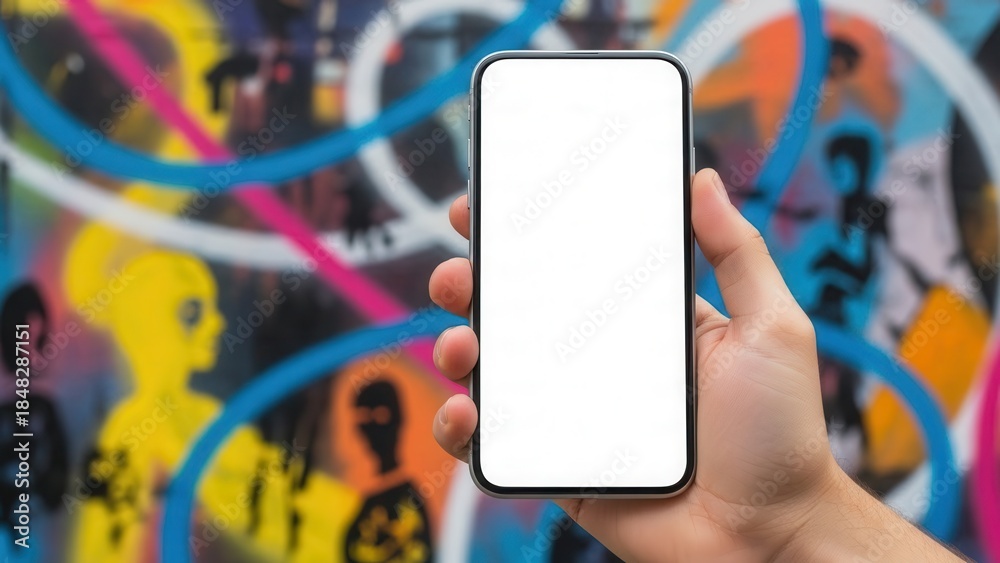 Fototapeta premium Hand holding a mobile device with copy space screen against a colorful street art wall