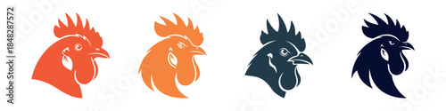 Dynamic set of rooster head vector icons, offering a versatile range of color options for branding and design projects, symbolizing strength, dawn, and farm life in modern graphic applications
