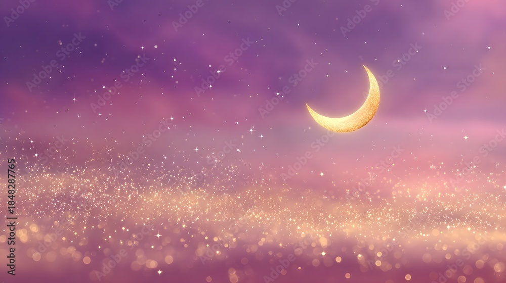 Fototapeta premium Magical Crescent Moon Shining in a Dreamy Purple Sky with Glittering Stars.