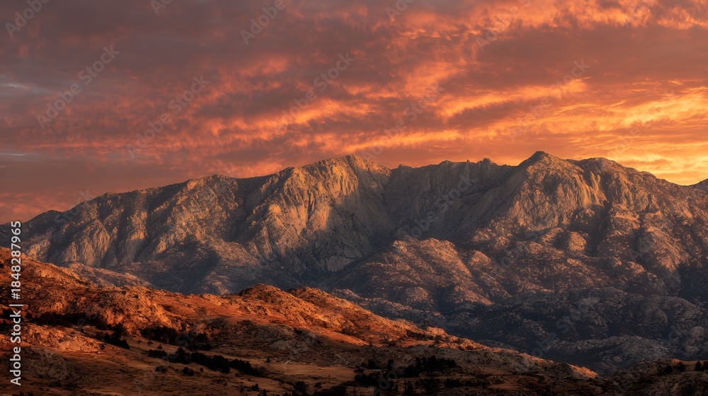 Obraz premium Majestic Mountain Range Bathed in Golden Sunset Light.