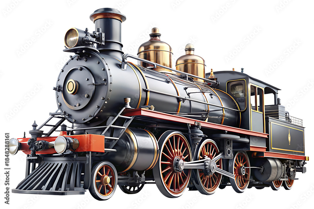 Fototapeta premium Vintage steam locomotive, with ornate gold trim and red accents, cutout, PNG isolated on white or transparent background