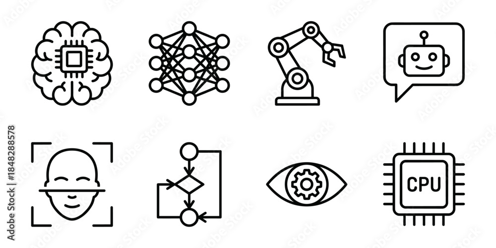 Fototapeta premium Artificial intelligence line icons set, neural network robot vision cpu