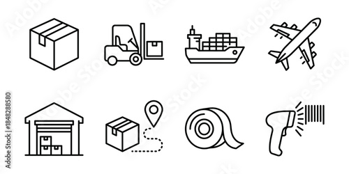 Logistics and delivery line icons set, box forklift ship airplane