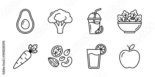 Healthy food line icons set, vegetables fruits salad juice