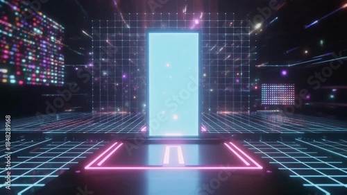 A bright holographic AI logo stands on a digital platform, surrounded by floating grid lines, luminous particles, and soft reflections, creating a futuristic exhibition-style technological environment