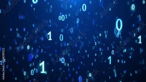 Glowing zeroes and ones drift across a deep blue digital space, forming a seamless futuristic data environment representing algorithmic processing, network activity, and continuous information flow.