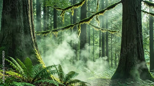 Foggy forest dawn reveal with thin layer of ground fog effect green screen fog layer subtle style featuring fog, nature, mystique,