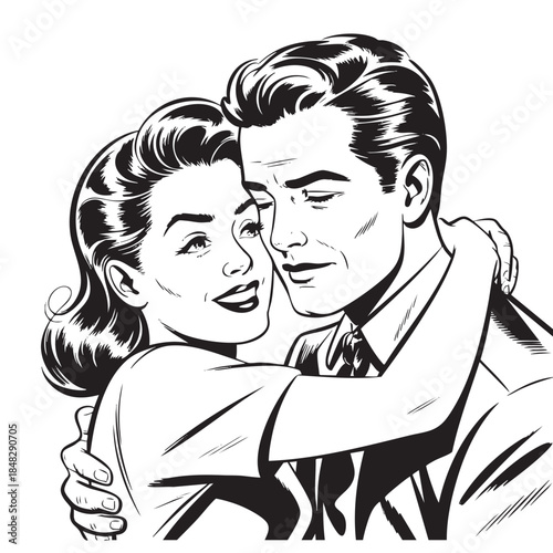 Romantic couple hugging in a vintage comic pop art style illustration black and white