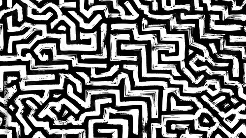 Monochrome abstract labyrinth pattern with bold brushstrokes and geometric shapes