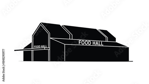 A simple black and white illustration of a modern food hall building with a gable roof