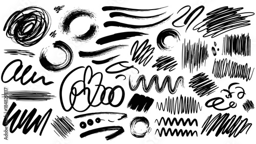 Set of black ink strokes, brushes, lines and scribbles to create grunge effects