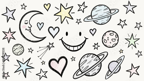 Whimsical Space and Smile Doodle: A Galaxy of Hearts, Stars and Happy Faces