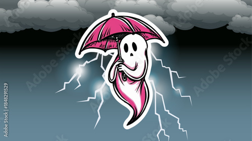 Whimsical Cartoon Ghost Character Holding a Vibrant Pink Umbrella Illustration