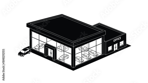 A minimalist black and white illustration of a car dealership building with vehicles displayed inside