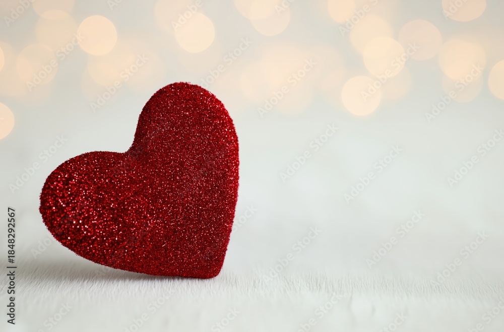 Fototapeta premium Glittering red heart resting on a textured surface with bokeh lights, creating a romantic celebration background with copy space
