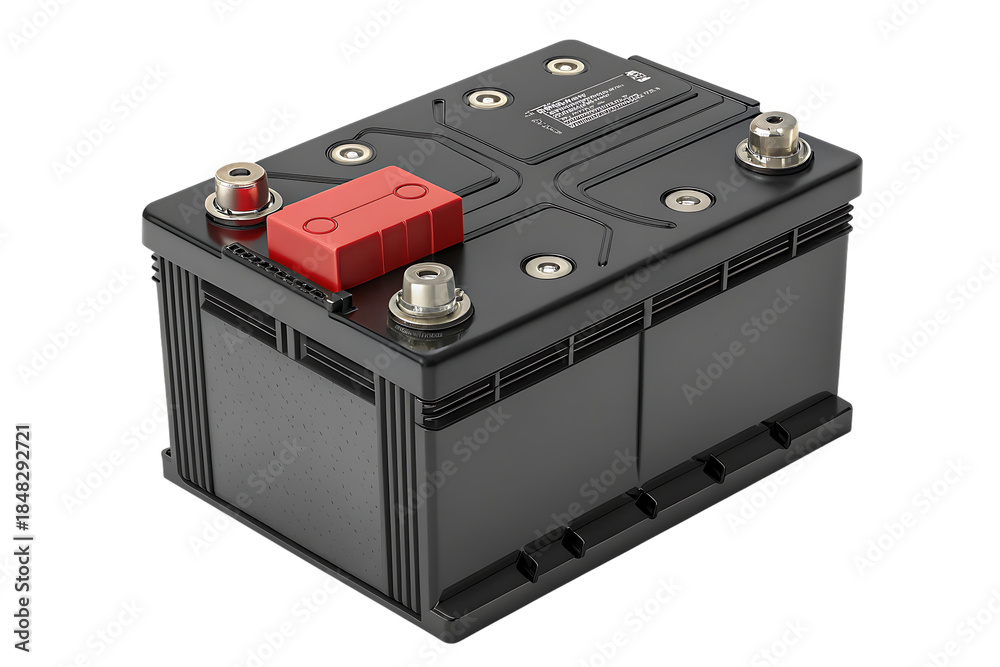 Fototapeta premium Black automotive car battery, with red terminal cover and metal connectors, cutout, PNG isolated on white or transparent background