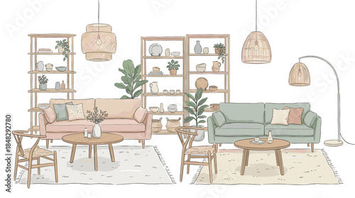 Two hand-drawn living room interior design sets with cozy sofas, wooden furniture, and boho decor in a soft pastel color palette, showcasing modern Scandinavian style
