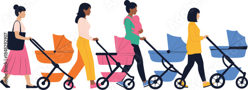  Diverse group of mothers walking together with baby strollers and carriages in a row flat vector illustration for parenting and motherhood concepts