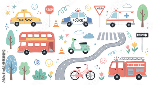 Whimsical set of cute cartoon vehicles and city elements featuring a taxi, police car, fire truck, bus, and scooter in a playful, hand-drawn children's illustration style