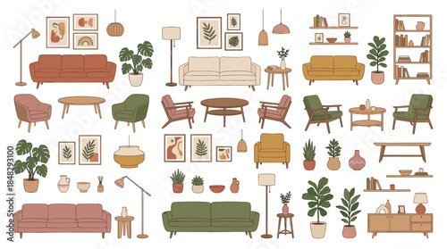 Large collection of hand-drawn furniture and home decor items including sofas, chairs, plants, and lamps in a cozy mid-century modern style with a warm, earthy color palette