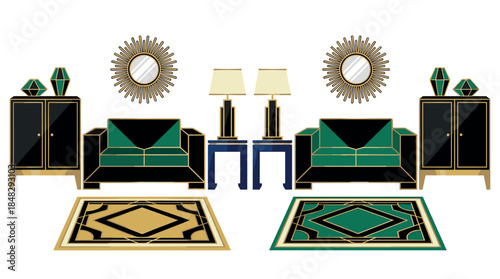 Collection of Art Deco style furniture and home decor accessories featuring geometric patterns, gold accents, and an elegant green and black color palette