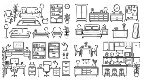 Large collection of hand-drawn furniture and interior design elements in a black outline sketch style, including items for the living room, bedroom, kitchen, and home office