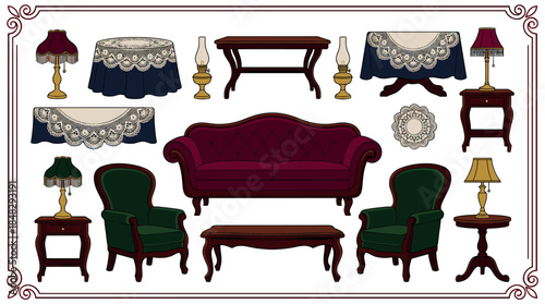 Collection of vintage style living room furniture including a sofa, armchairs, tables, and lamps illustrated in a classic retro design with rich colors and elegant details